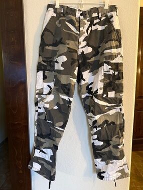 White and Olive Green Camo Cargo Pants